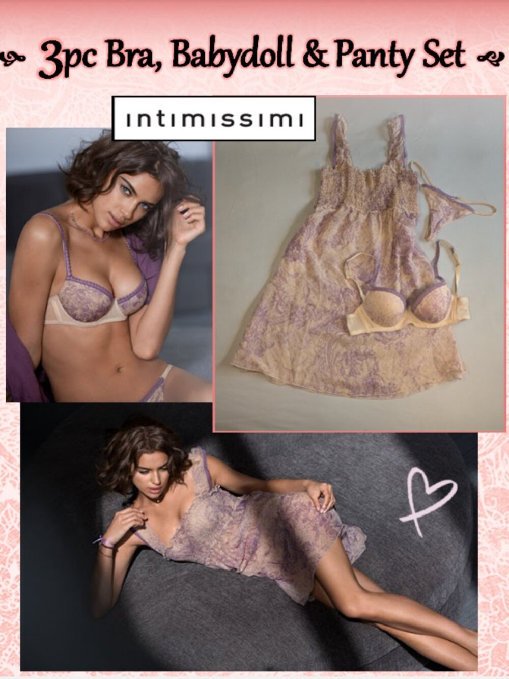 Romantic Intimissimi Lingerie Set Babydoll, Bra, Thong